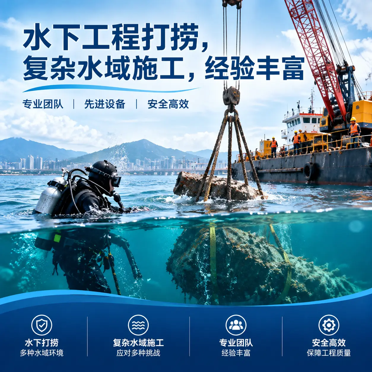 水下工程打捞，复杂水域施工，经验丰富舞钢